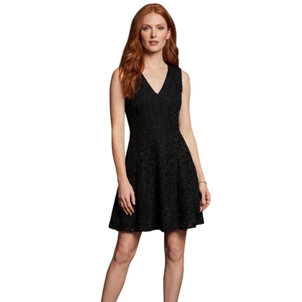 Theory Miriam Deep V-Neck Black Sleeveless Dress 2 LBD Textured Floral Shift